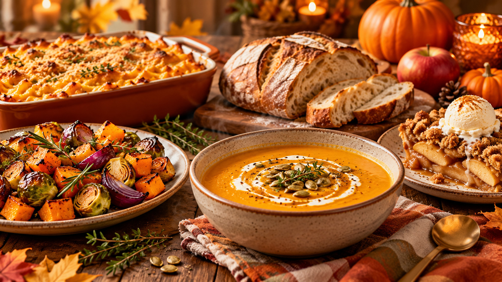 A cozy autumn spread with soup, roasted vegetables, bread, casserole, and dessert on a rustic table.