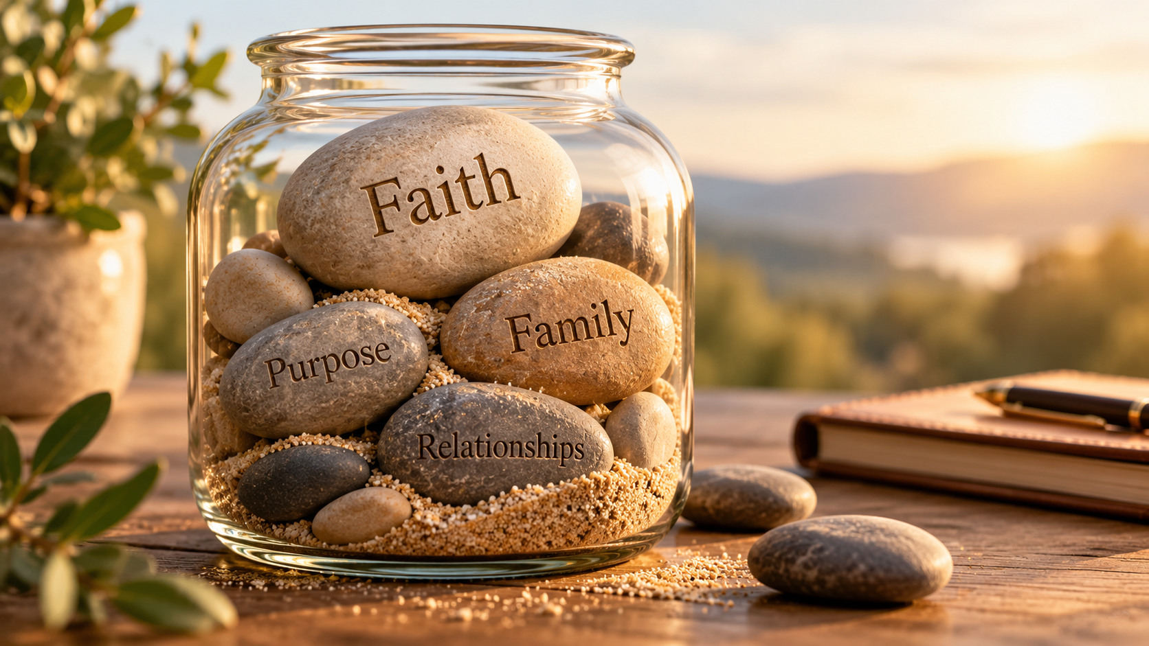 Glass jar of stones labeled Faith, Family, Purpose, and Relationships with sand below