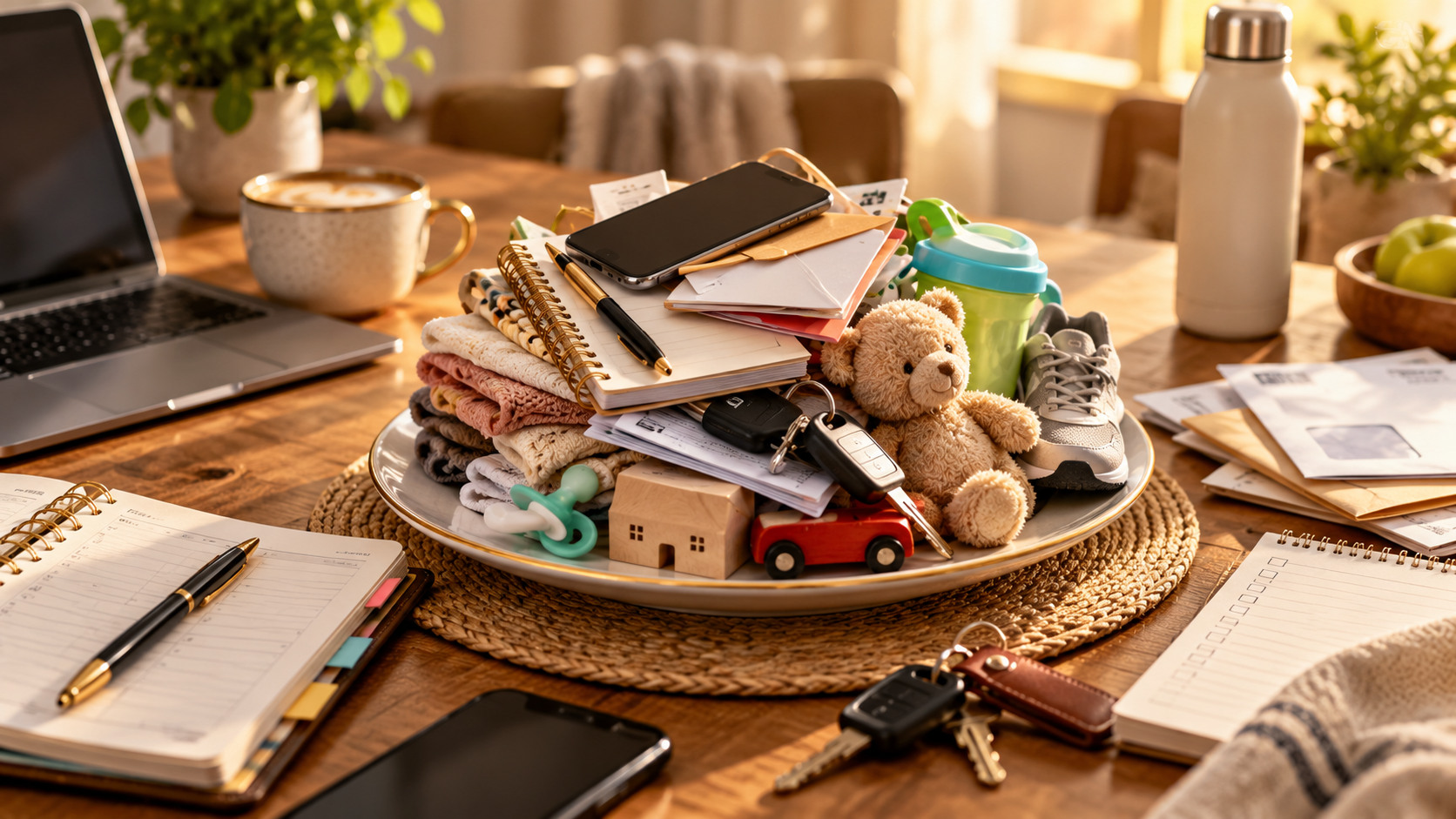 A full plate piled with paperwork, tasks, keys, and the obligations of a busy day