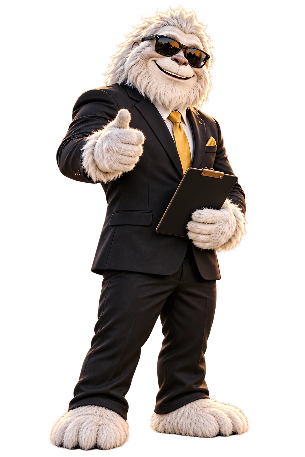 Summit Sam in his black suit, gold tie, sunglasses, holding a clipboard