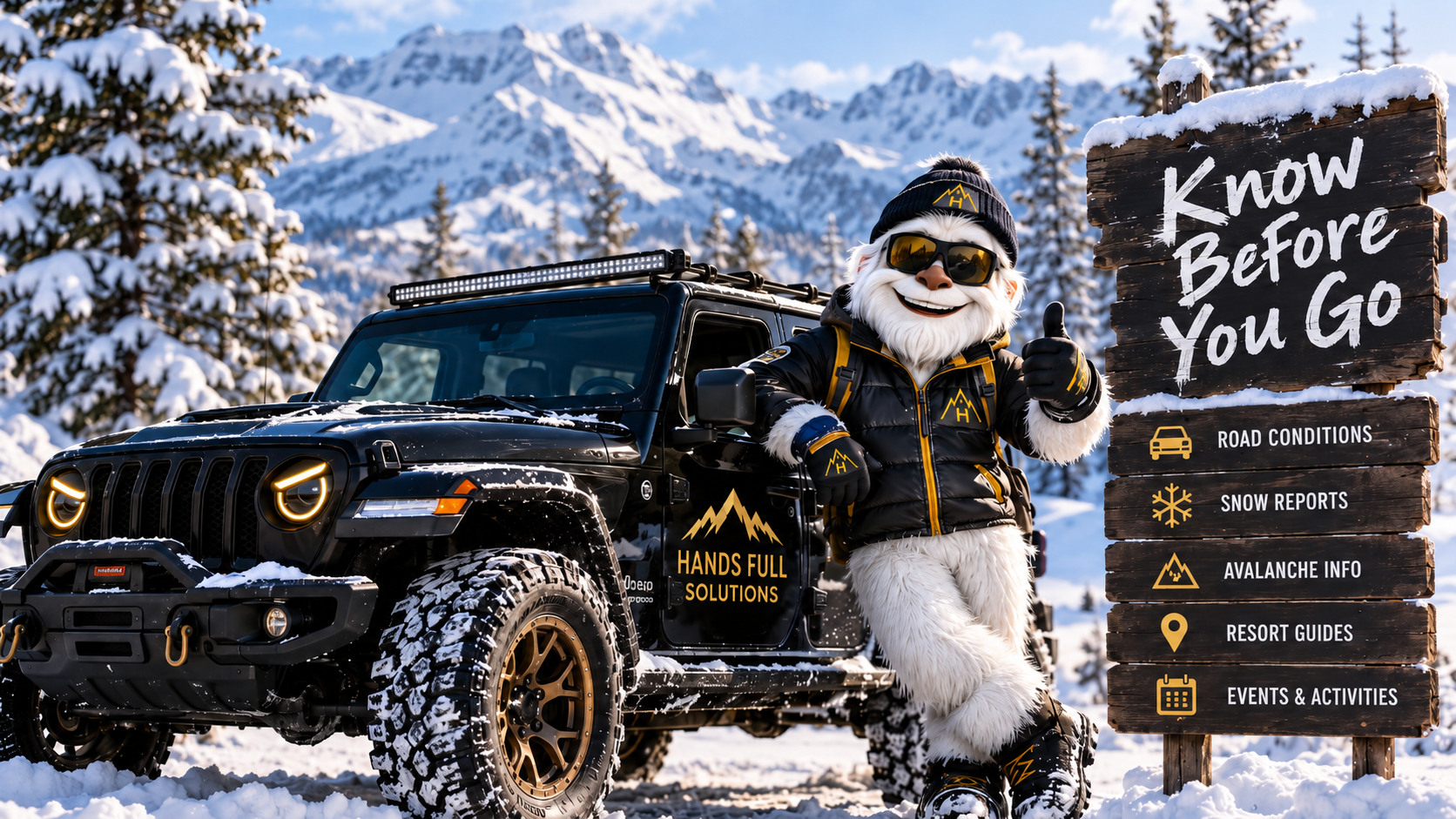Summit Sam in winter gear with the signature black Jeep in the snow.