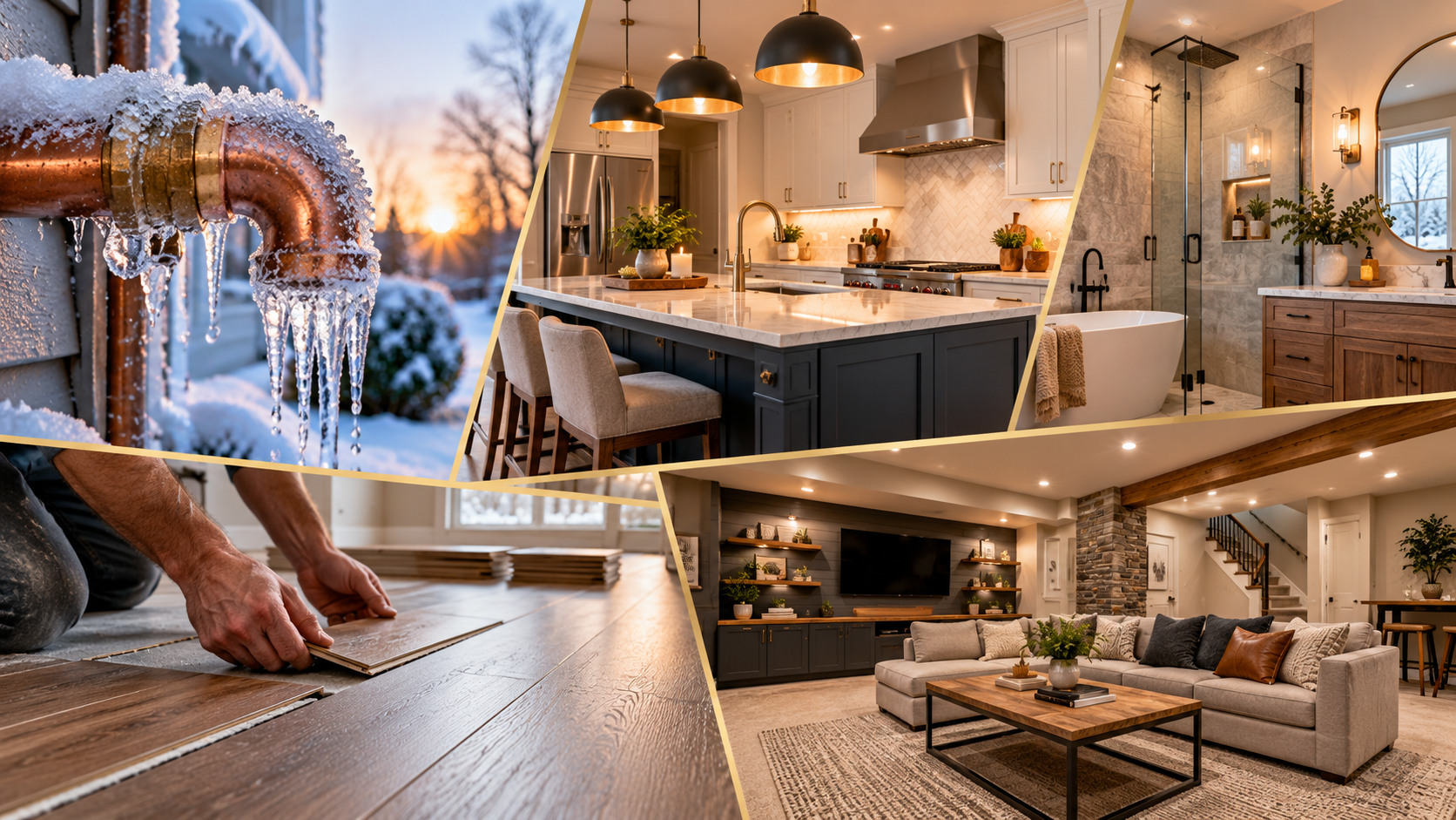 A collage showing frozen pipes, a remodeled kitchen, a remodeled bathroom, flooring installation, and a finished basement.